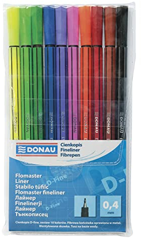 DONAU D-FINE Fineliner 0,4 mm/ 10er Pack/ 10 Farben/Filzstifte/Metallgefasste Spitze/für Erwachsene und Kinder Schule Büro Homeoffice/Geruchlos Ungiftig