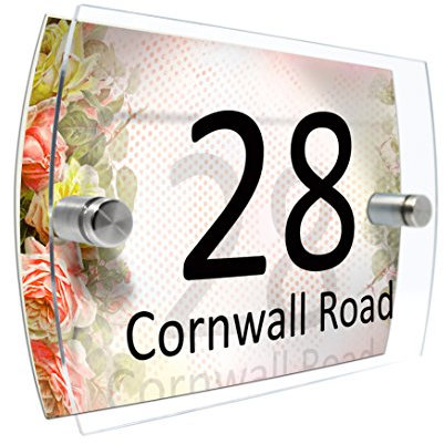 CS Printing House Number Sign Plaque Garden Glass Effect Acrylic Sign Door Plate Marble Wall Display 2 Part Branded Acrylic (Shabby Chic Roses)