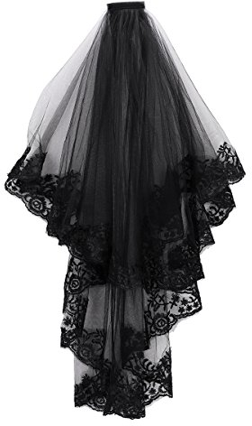 IBLUELOVER Voile Mariée Noir Halloween Double Couche Voile de Mariage avec Peigne Cheveux Accessoires de Mariage Décoratifs Nuptiale Coiffure Élégant Tulle Dentelle Cosplay Déguisement Fête,Noir