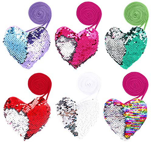 FT-SHOP Porte-Monnaie à Paillettes en Forme de Coeur pour Filles - Mini Sac Bandoulière avec Sequins et Sangle pour Gamins - Faveurs de Fête d'Anniversaire 6 Pièces