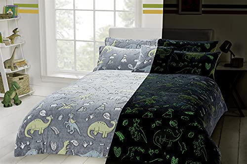 Olivia Rocco Teddy-Fleece-Bettwäsche-Set, leuchtet im Dunkeln, weich, warm, Kinder-Bettwäsche-Set, Dinosaurier, Einzelbett