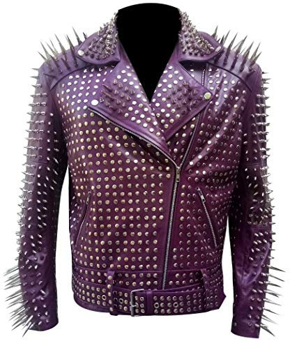 Giacca da uomo in vera pelle con borchie, stile rock, punk, gotico e borchiato, colore: viola/nero Viola XXXL