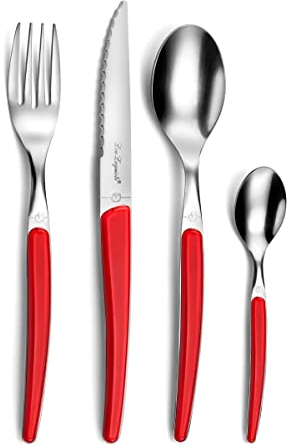 LOU LAGUIOLE - Ménagère 24 couverts de table pour 6 personnes - Montana - Acier inoxydable 18/0, Finition Brillante - Rouge