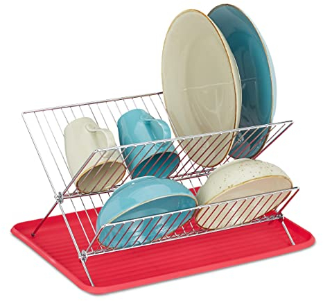 Relaxdays Escurreplatos con Bandeja, Escurridor Plegable, Secador Platos, Tazas y Vajilla Cocina, Metal, Rojo, 1 Unidad