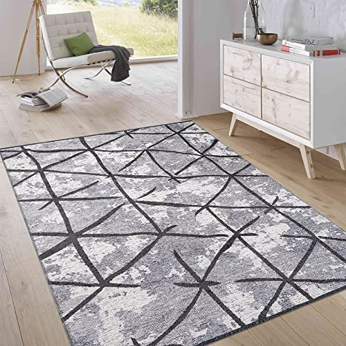 Jimri Kurzflor Wendeteppich - Flach gewebter Teppich für Schlafzimmer & Wohnzimmer, Eingang, Flur - Maschinengefertigt, weicher Polyester- & Baumwoll-Läufer - Rauten-Hellgrau, Grösse : 75x150 cm