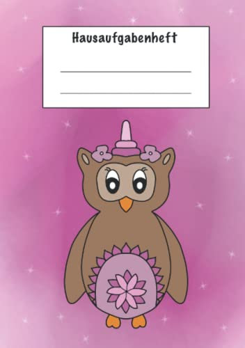Hausaufgabenheft: Hausaufgabenheft für Mädchen mit süßer Eule verkleidet als Einhorn mit Blumen auf dem Kopf in rosa und pink