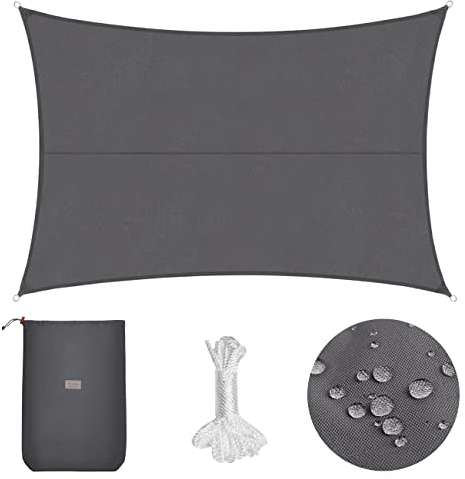 Sekey Sonnensegel Wasserdicht 2.44x3.66m Rechteckig PES Polyester, Sonnenschutz 95% UV Schutz Windschutz Reißfest Wetterfest, für Balkon Garten, mit Ösen und Befestigungsseile, Anthracite