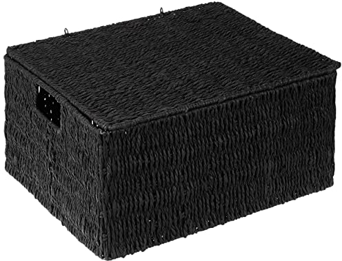 Woodluv Storage Boxes with lid Xlarge, Storage Baskets Woven storage baskets for shelves, Hamper Basket, Black, Black