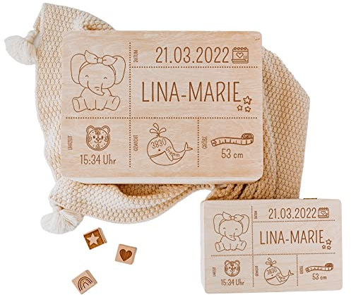 wunderwunsch - Personalisierte Erinnerungsbox Baby - Individuelle Baby Erinnerungsbox mit Hochwertiger Gravur - Niedliche Erinnerungskiste aus Holz - Tolles Geschenk zur Geburt