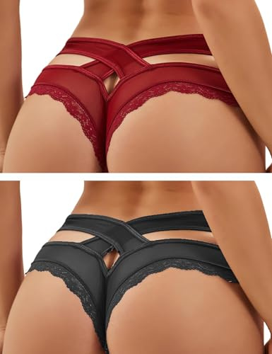 ohmydear String Sexy Tanga Femme Sexy Chic Dentelle String Culottes Slips Femmes Croisées Creux Out Entrejambe en Coton XS-4XL Transparent Panties Strings et Tangas sous-Vêtements Culottes