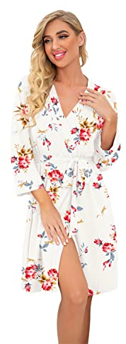 PrinStory Bademantel Damen Weich Morgenmantel Kimono V-Ausschnitt Reisebademantel Leicht Nachtwäsche Kurz Saunamantel (Blumendruck Rose Weiß, L)