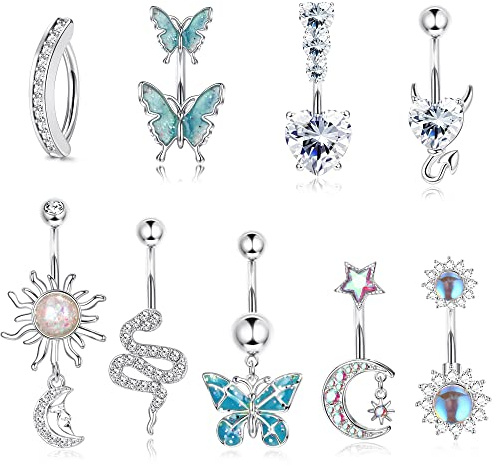 Milacolato 10Pcs 14G Bauchnabelstangen Für Frauen Edelstahl Bauchstange Herz Schlange Schmetterling CZ Dangly Bauchnabel Bars Langhanteln Bauchnabel Piercing Schmuck Silber