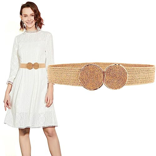 Longwu Ceintures élastiques extensibles tissées en paille pour femmes, ceinture de robe fine tressée style Boho pour dames avec boucle à crochet