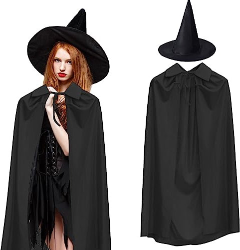 Zngou 2Pcs Halloween Witches Hat & Hooded Cape, Black, 140cm/55inch, Perfect for Adults, Halloween, Cosplay, Party