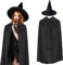 Zngou 2Pcs Halloween Witches Hat & Hooded Cape, Black, 140cm/55inch, Perfect for Adults, Halloween, Cosplay, Party