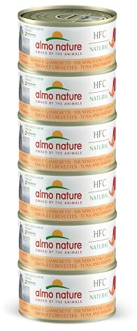 Almo Nature HFC Natural - Nassfutter für ausgewachsene Katzen - Thunfisch & Garnelen - Human Grade, Glutenfrei - 6 x 70g
