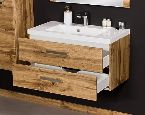 Quentis Badmöbel Genua 80, Waschbecken mit Unterschrank, 2 Schubladen, Softeinzug, Waschtischunterbau montiert (Eiche Natur)