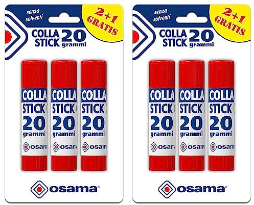 Osama - Colla Stick Extra Forte, 2 Pezzi + 1 Gratis, 20 gr - Set Colle Stick Ideale per Cancelleria Scuola, Ufficio e Università - Scorrevole su Carta, Cartoncino e Foto senza Grumi, Confezione da 2