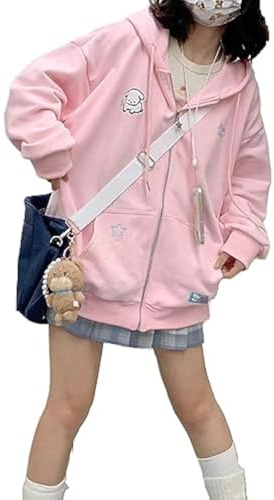 OATSBAS Kawaii Sweat à capuche zippé pour femme Motif dessin animé brodé surdimensionné Harajuku Kawaii