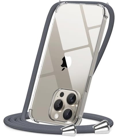 CAROKI Crossbody Case for iPhone 15 Pro Max,Necklace Mobile Phone Cover with Cord Strap,Clear Transparent TPU Soft iPhone 15 Pro Max Cover Holder with Neck Cord Lanyard Strap-Grey