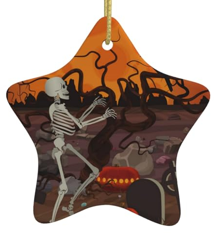 Weihnachtsschmuck für Baumdekoration, Halloween-Skelett, Spaziergang in der Nähe des Grabes, weiße Keramik, hängende Weihnachtsbaum-Dekorationen, Kugel, Heimdekoration (sternförmig)