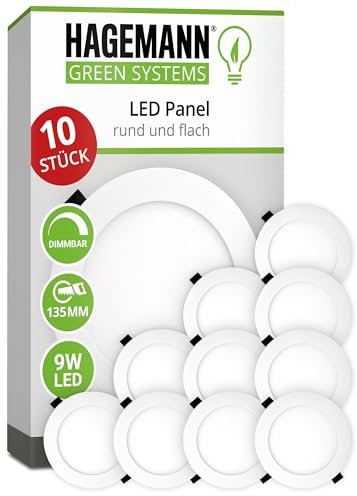 HAGEMANN® 10 x dimmbare LED Spots Einbauleuchten rund 9 Watt 890lm IP20 – Ø 135mm Bohrloch 230V Einbaustrahler – LED Deckenspots ersetzen 75 W Halogen