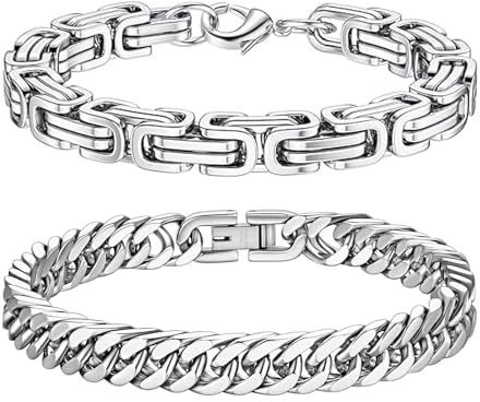 Uwiyo Herrenarmbänder, 2 Stück Edelstahl Panzerkette Königskette Glieder Link Kettenarmband für Männer Papa Sohn Ehemann, 19/21/23cm Länge (Silber-8mm, 19)