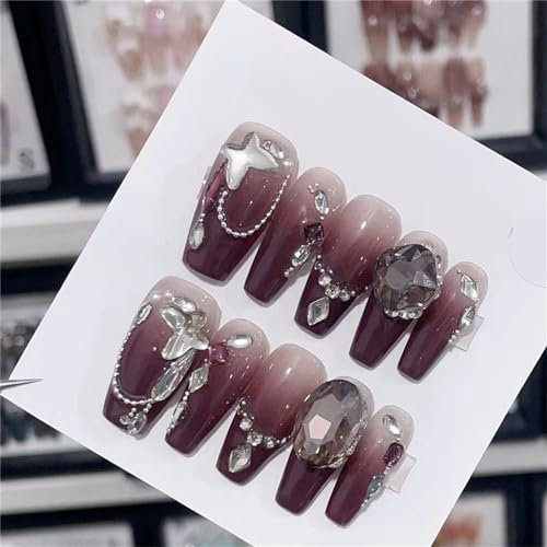 Long Coffin Handmade Nails Rhinestones Gradient Press on Nails Tips Nail Art Decoration for Women and Girls Manicure 10pcs (L)