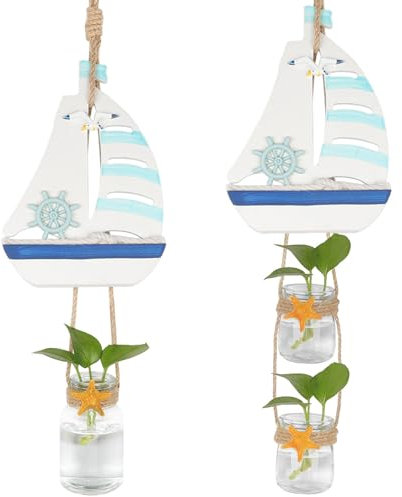 Meching Wall Hanging Planter Glass, Wall Hanging Plant Vase Set of 2,Nautical Beach Decor Plant Propagation Wall Hanging of Wooden Sailboat Indoor Wall Decor Mediterranean Style Home Decor