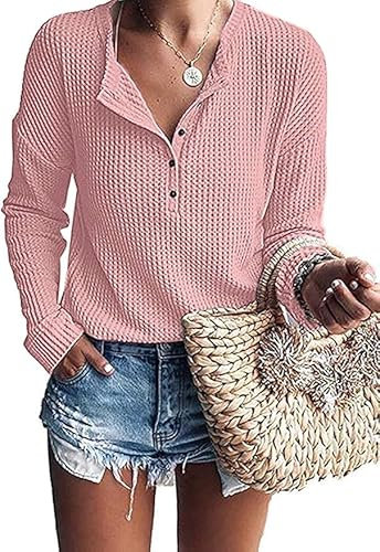 WNEEDU Women's Long Sleeve Tops Waffle Knit T-Shirts Loose V Neck Tunic Henley Shirts Button Up Blouse Pink