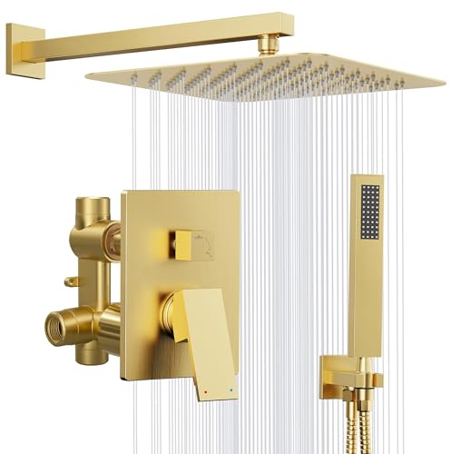 Kurpot Duscharmatur-Set mit Ventil, 25,4 cm, gebürstetes Gold | Duscharmatur-Set aus gebürstetem Metall mit Ventil, 150 cm Brauseschlauch, Duschverkleidungsset und Umsteller, Wandmontage