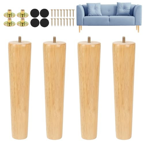 Luabue Lot de 4 pieds de meubles en bois de 25 cm, pieds de chaise, de table, de lit, de canapé, en bois d'hévéa massif, meuble TV, commode, canapé avec coussinet de protection en caoutchouc