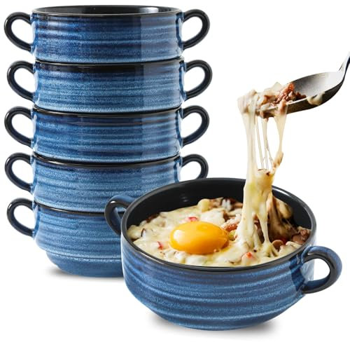 Hasense French Onion Soup Bowls with Handles, 24 Ounces Ceramic Serving Soup Bowls for Chili, Stew, Pot Pies, Stackable Bowl Set for Kitchen, Microwave Dishwasher Safe, Set of 6, Blue