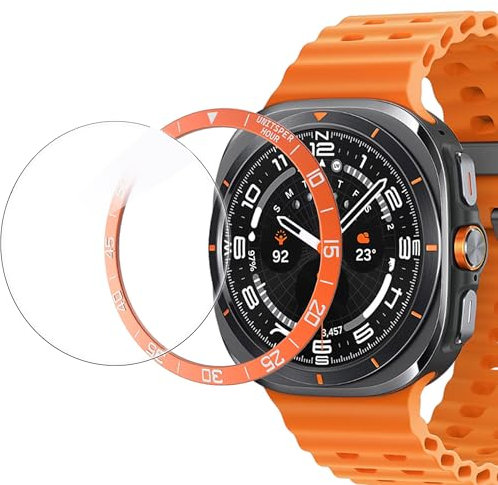 Blueshaweu Bezel Styling Kompatibel mit Samsung Galaxy Watch Ultra 47mm, Lünette Ring Kratzfest Edelstahl Schutz Kompatibel für Samsung Galaxy Watch Ultra 47mm (orange Bezel + Schutzglas)