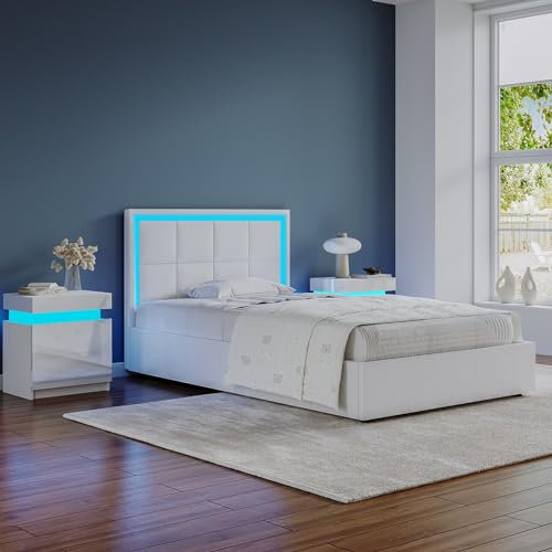 Komtopod Single Bed Frame with Wooden Storage LED Headboard Bed, 4ft Faux Leather Bed with Wooden Slats Enhanced Support Underbed Storage Unit White
