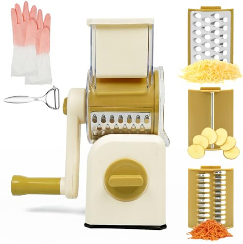 HALNKSZDDD Cheese Grater with Crank, Rotating Cheese Grater with Handle for Kitchen, Vegetable Cutter with 3 Interchangeable Stainless Steel Blades, Peeler and Rubber Gloves (Purple)