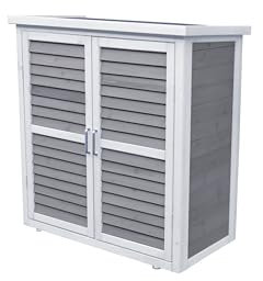LECO-Gartenschrank MOMO – Wetterfestes, getrocknetes, lasiertes Tannenholz – wasserdichte Dachpappe – grau/weiß – Höhe 95 cm