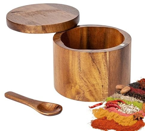 Homirty Salt Cellar Wooden,Acacia Wood Salt Cellar with Magnetic Swivel Lid & Spoon - Spice Box, Wooden Storage Container for Salt, Herbs, and Spices - Rustic Kitchen Décor, 9x9x7cm