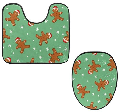VAPOKF 2 Pieces Pedestal Bathroom Rugs Set, U-Shaped Contour Mat and Toilet Lid Cover, Soft Non-Slip Flannel Bathroom Mat Toilet Seat Cover - Christmas Hat Dolls