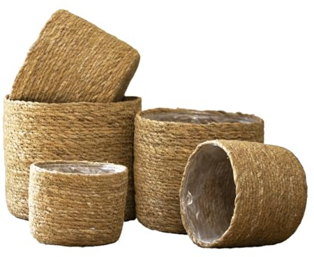 Darthome Set Of 5 Seagrass Basket Planter Woven Plastic Liners Round Indoor Flower Pot