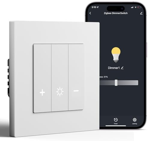 BSEED Smart Zigbee Dimmschalter Unterputz, Smart Dimmer Lichtschalter Kompatibel mit Alexa/Google Home/Tuya, PC Rahmen, Benötigt Nullleiter & Zigbee-Gateway, Weiß