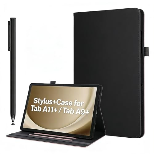 Stylus+Leather Case for Samsung Galaxy Tab A11 Plus / A9 Plus 11-Inch, with Pen Holder Premium PU Leather Smart Cover Case with Pen for Galaxy Tab A11+ / A9+ Tablet, Auto Wake/Sleep (Black)