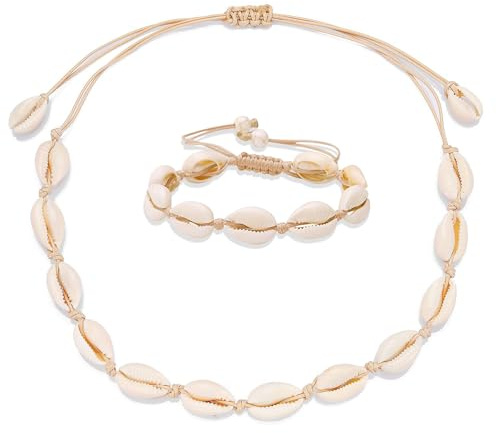 GUIZIYAO 2 Stück Muschel Halskette Armband Set, Damen Natural Shell Choker Halsketten, Boho Muschelkette, Muschel Fußkettchen, Sommer Strand Schmuck Ideal Für Sommer-Strandpartys, Männer Und Frauen