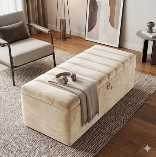 luxisleepltd Clarance Plush Velvet Ottoman Storage Box, Upholstered Seating Bench with Hidden Storage, Bedroom Footstool, Multiple Sizes 3ft,4ft6,5ft,6ft (Cream, 3ft Single)