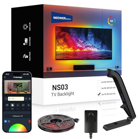 NEEWER Basics Rétroéclairage TV pour Écrans 75-85,Bande LED RGB 5m avec Capteur de Luminosité,Allumage/Extinction Programmable,24 Effets Sonores,Compatible avec Une Application de Contrôle,NS03