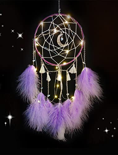 Nice Dream Traumfänger mit LED Licht, Handgemachte Dreamcatcher mit Federn, Maiden Zimmer Schlafzimmer Romantische Dekoration, für Wandbehang Wohnkultur Ornamente Handwerk Lila