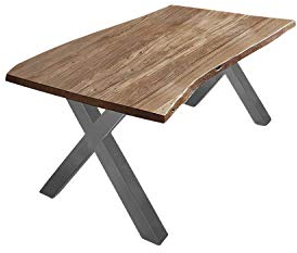 SAM Esszimmertisch 160x85 cm Xanten, Baumkantentisch naturfarben, Akazienholz massiv, X-Gestell aus Metall Silber