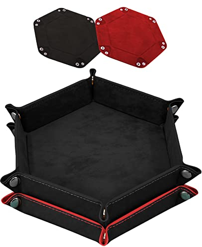 SIQUK 2 Stück Würfelbretter Doppelseitig Würfelbrett, Samt Faltbar Würfeltablett Hexagon Würfelteller Leder Würfelbretter für RPG DND Dragons Würfel Gaming (Schwarz, Rot)