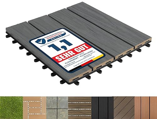 Floordirekt WPC Fliesen 30x30 cm, 1 Stück = 0,09m² Terrassenfliesen, Klickfliesen, Balkonfliesen in Holzoptik - Bodenbelag für Balkon & Terrasse - wetterfest mit Drainagefunktion | Classic Grau