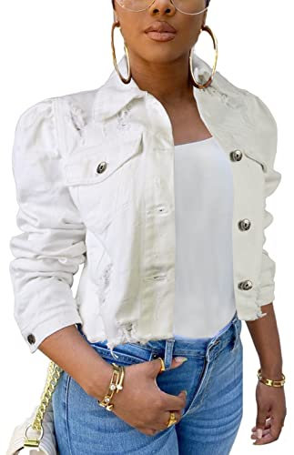 AMEBELLE Jean Jacket for Women Long Puff Sleeve Distressed Crop Denim Jackets Top, White, L